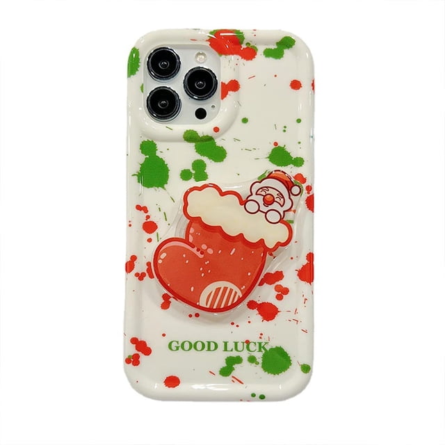 Funda navideña compatible con iPhone 12 Pro Max, diseño navideño con estampado geométrico rojo y verde, con calcetines navideños de dibujos animados, Pop Socket para mujeres y niñas.