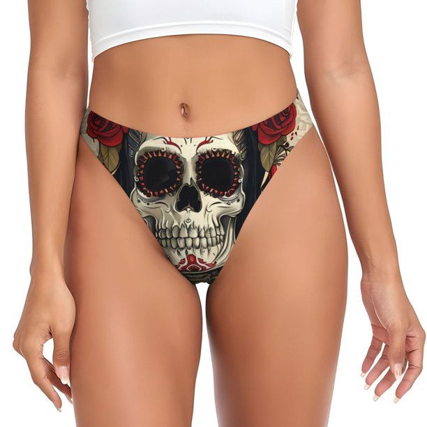 Balery Gothic Skull With Roses Tangas de Algodón para Mujer con Estampado – Ropa Interior Sexy, Transpirable, G-string-X-Large