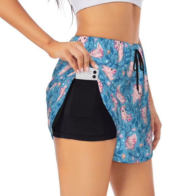 Balery happy baby axolotls Pantalones cortos deportivos para mujer con forro y dos bolsillos, elásticos, para entrenamiento, gimnasio, yoga-Medium