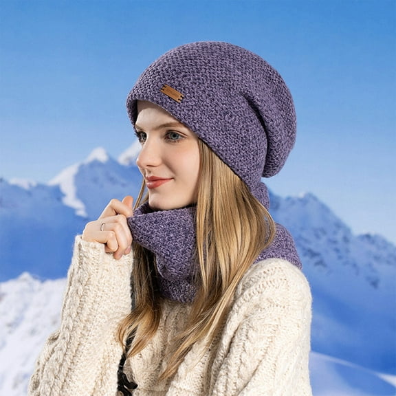 Qwertyu Womens Winter Beanie Hat and Knitted Scarf Set Soft Warm Knit Skull Cap for Women Purple