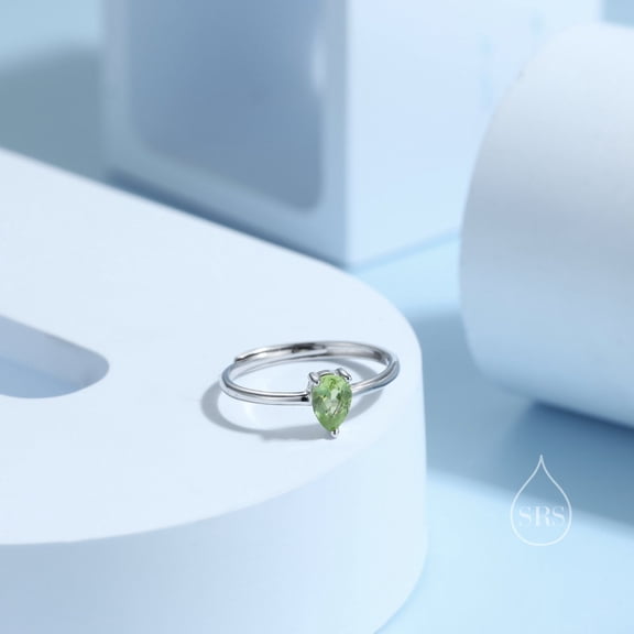Natural Green Peridot Droplet Ring in Sterling Silver, 4x6mm, Prong Set Pear Cut, Genuine Peridot Ring, August Birthstone