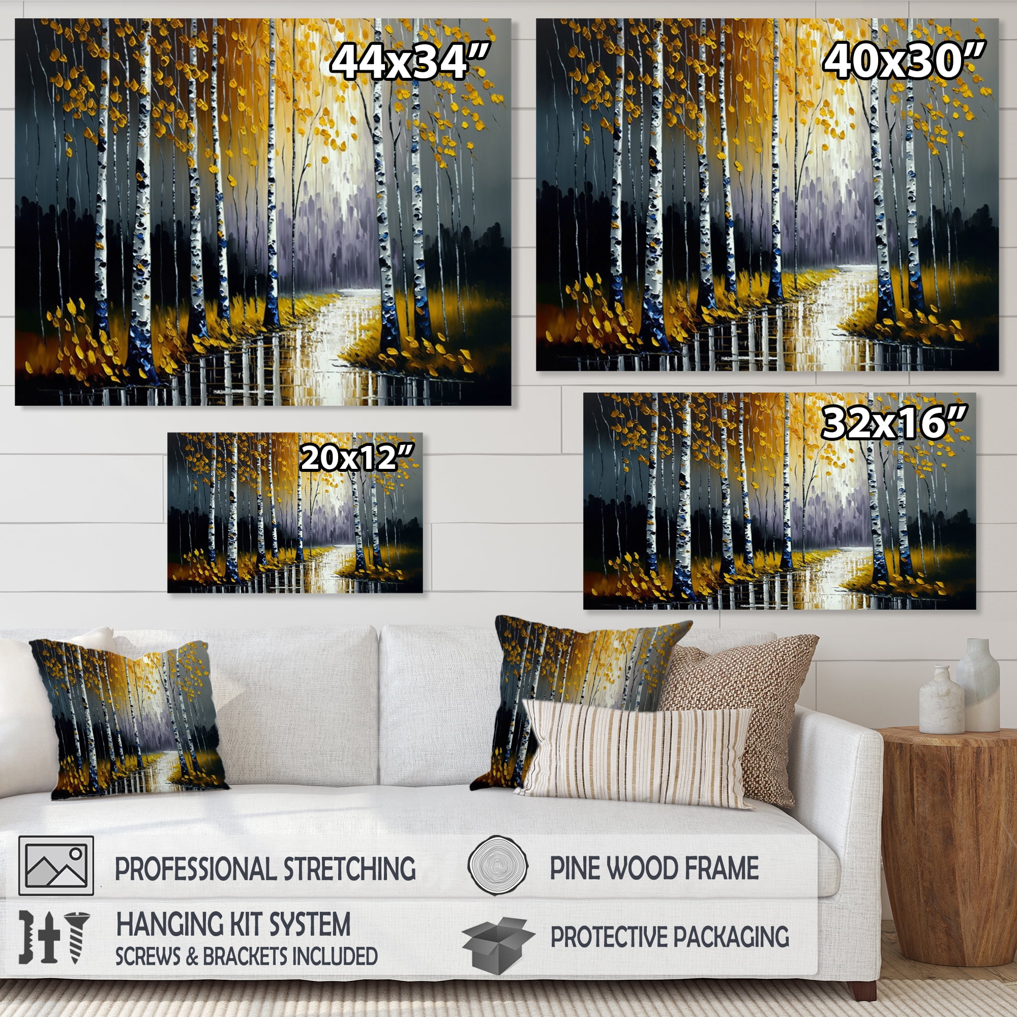 Designart Monochrome Golden Birch Trees By The River II Canvas Wall Art