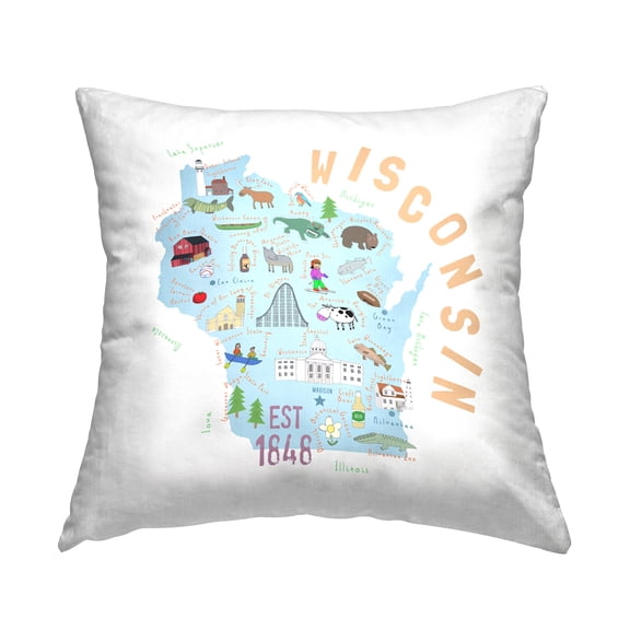 Stupell Industries Blue Wisconsin State Landmarks Square Decorative Printed Throw Pillow, 18 x 18,