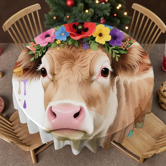 Tablecloth for dining table round - red cow with a flower wreath Print, Kitchen Accessories Polyester Tablecloths tablecloth round, Cafe, dinner, brunch, buffet, picnic