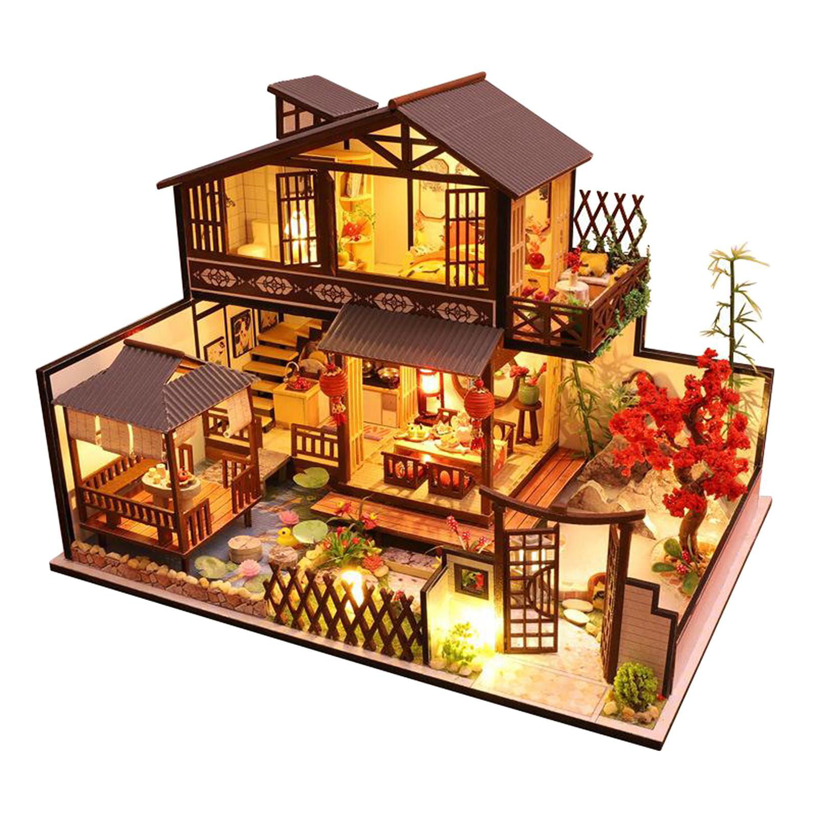 Dollhouse Miniature DIY Kit with Cover Wood Toy Doll House Cottage W/LED lights 