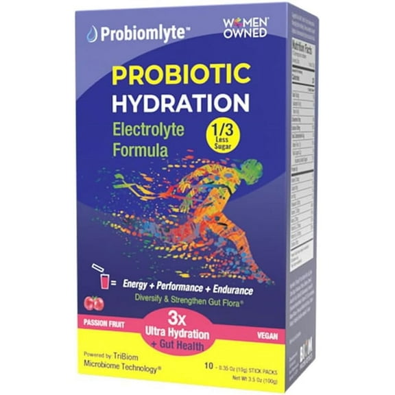 Biom Probiotics Probiomlyte Electrolyte Hydration Powder, Energy & Gut Health Support, Passion Fruit Flavor, 10 Sticks
