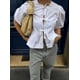 thumbnail image 4 of HH TRAF Blusa de verano con manga corta abullonada y lazo para mujer, elegante, con cuello redondo y volantes, color liso, 4 of 5