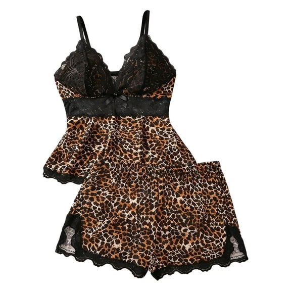 RMGVDSD Women's Pajama Sets Lace V Neck Camisole Nightwear with Shorts Cami Set Leopard Print Pajamas Fashion Sleepwear