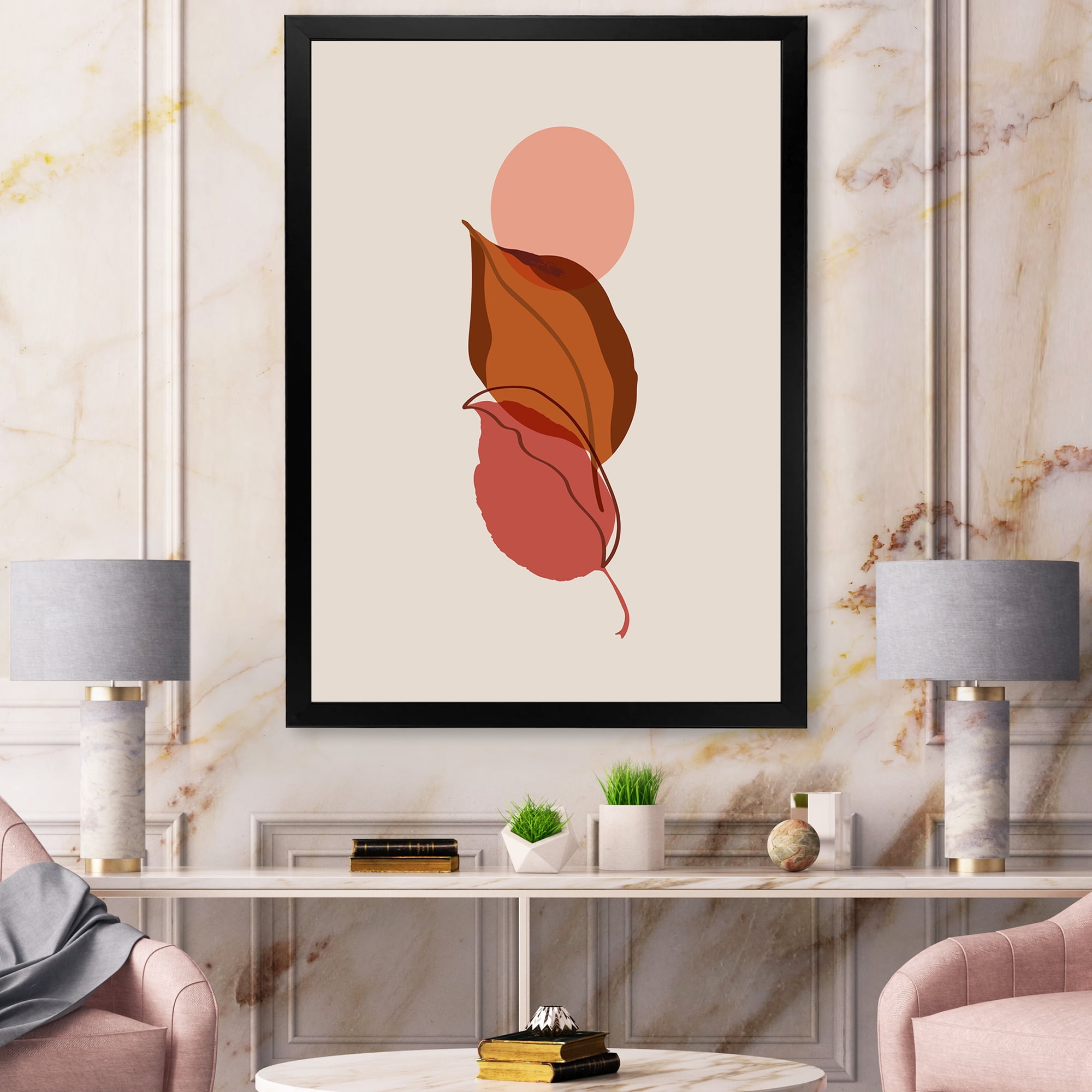 Designart 'A Red Full Moon Over Two Autumn Leaves' Modern Framed Art Print