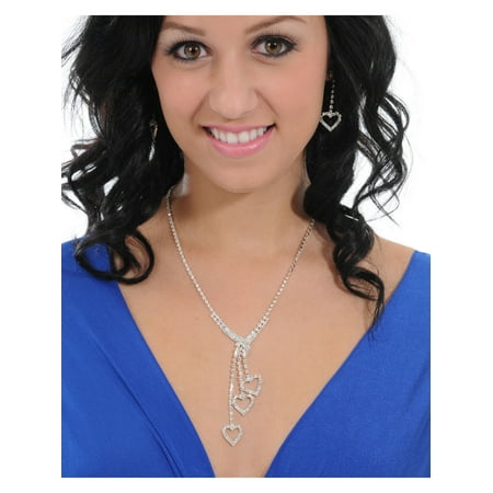 - Rhinestone Dangling HEART Necklace Matching Earring 3 Piece Set
