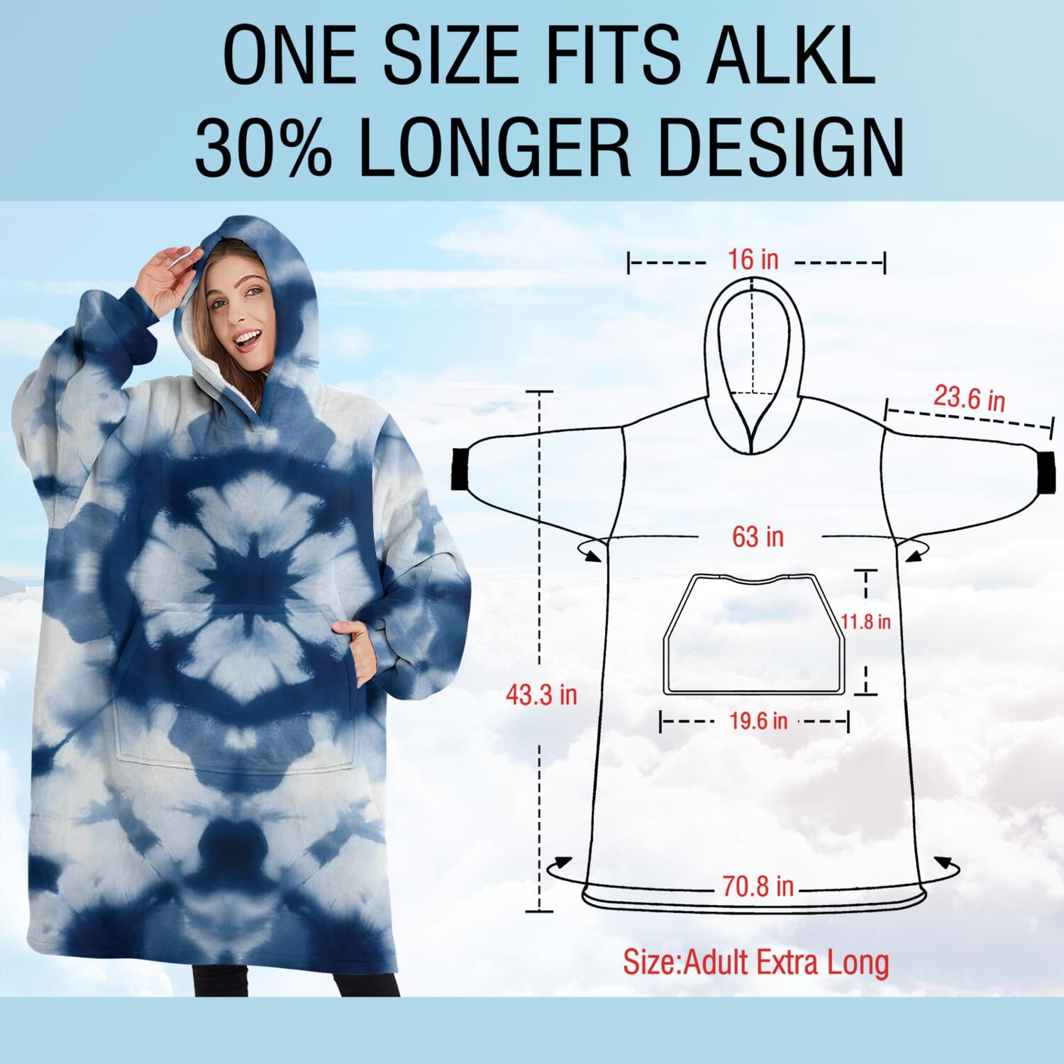 Oversized Wearable Blanket Hoodie,Blue White Tie Dye Mandala Pattern Sherpa Blanket Hoodie with Super Pockets,Super Warm Fuzzy Pullover for Women & Men