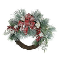 24 in. Plaid Glittered Cotton & Holly Berry Artificial Christmas Wreath - Unlit