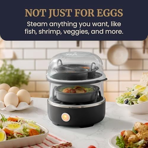 EGC1215B Easy Egg Cooker, Stainless-steel Heating Plate, Two-Tiered, 14-Egg Capacity, Soft, Medium, Hard-Boiled, Auto Shut-Off, Omelets, Poached Eggs, Measuring Cup, Piercing Pin, Black