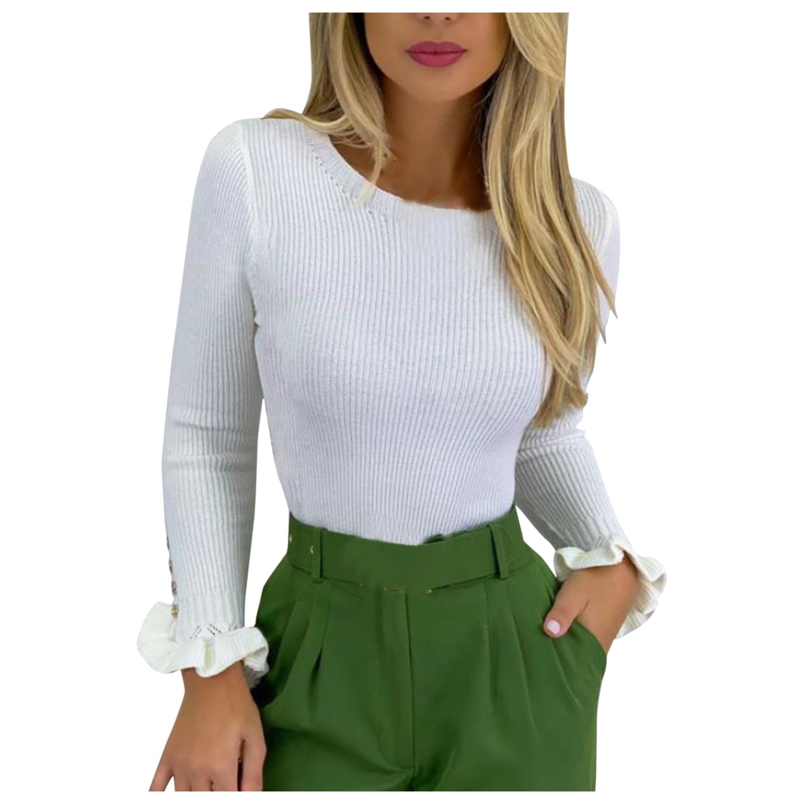 Tangnade Women Blouse Women Fashion Knitted O-Neck Solid Long Sleeve Tight Cardigan Tops Sweater White M, Women's, Size: Medium