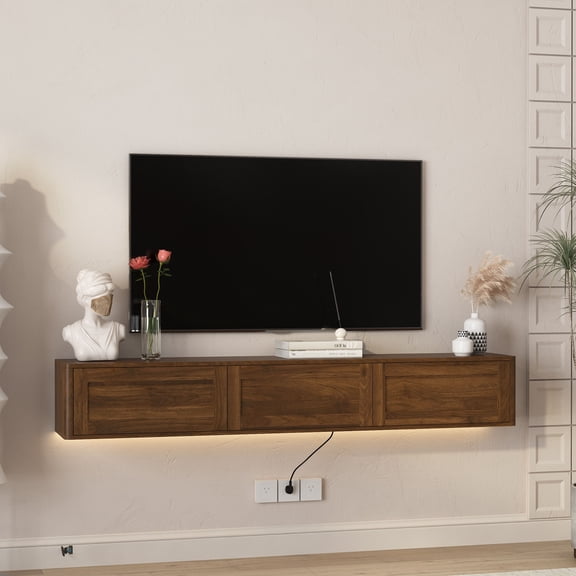 S-HOME Wall Mounted TV Shelf Featuring Led Lights and Power Outlet, High Gloss Floating TV Stand for Your Living Room