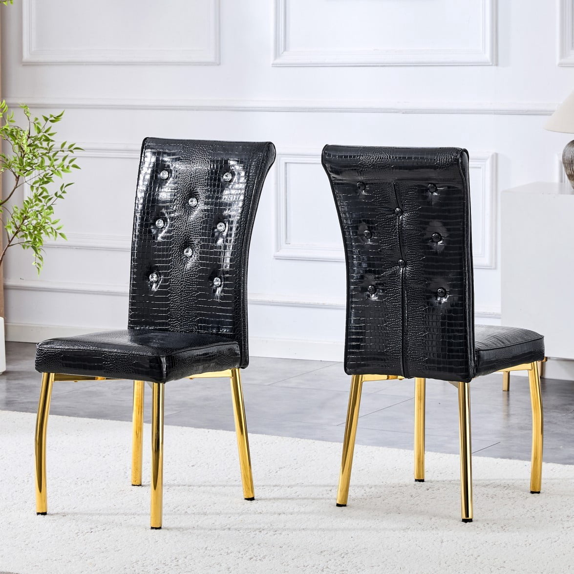 Set of 2 Retro Dining Chairs, Faux Alligator Leather Upholstered Chairs with Crystal Button Details & Gold-Plated Metal Feet, 400 LBS, Black & Gold