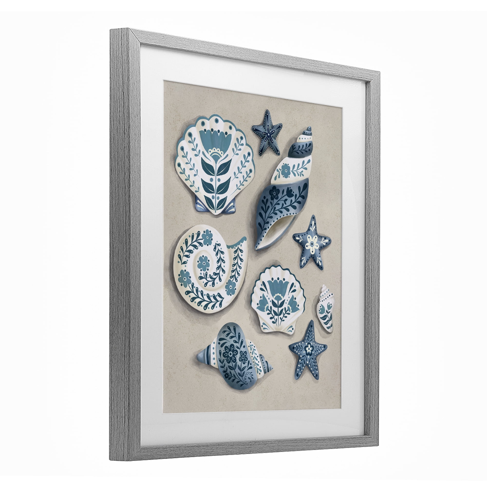 Stupell Industries Teal Nautical Floral Seashells Gray Framed Print Under Glass, design by Penny Aguilera