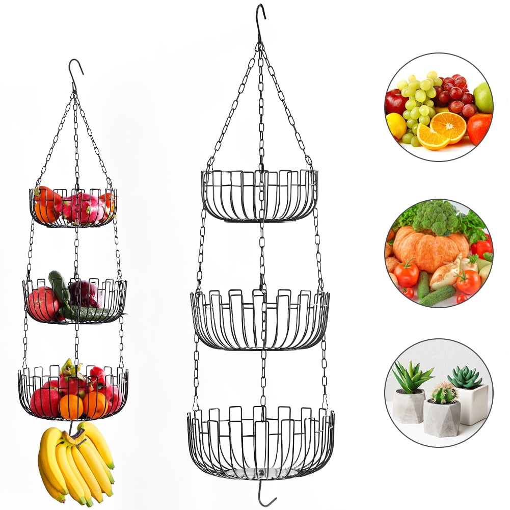MODANU 3 Tier Hanging Fruit Basket Storage Basket for Kitchen Home, Heavy Duty - Black