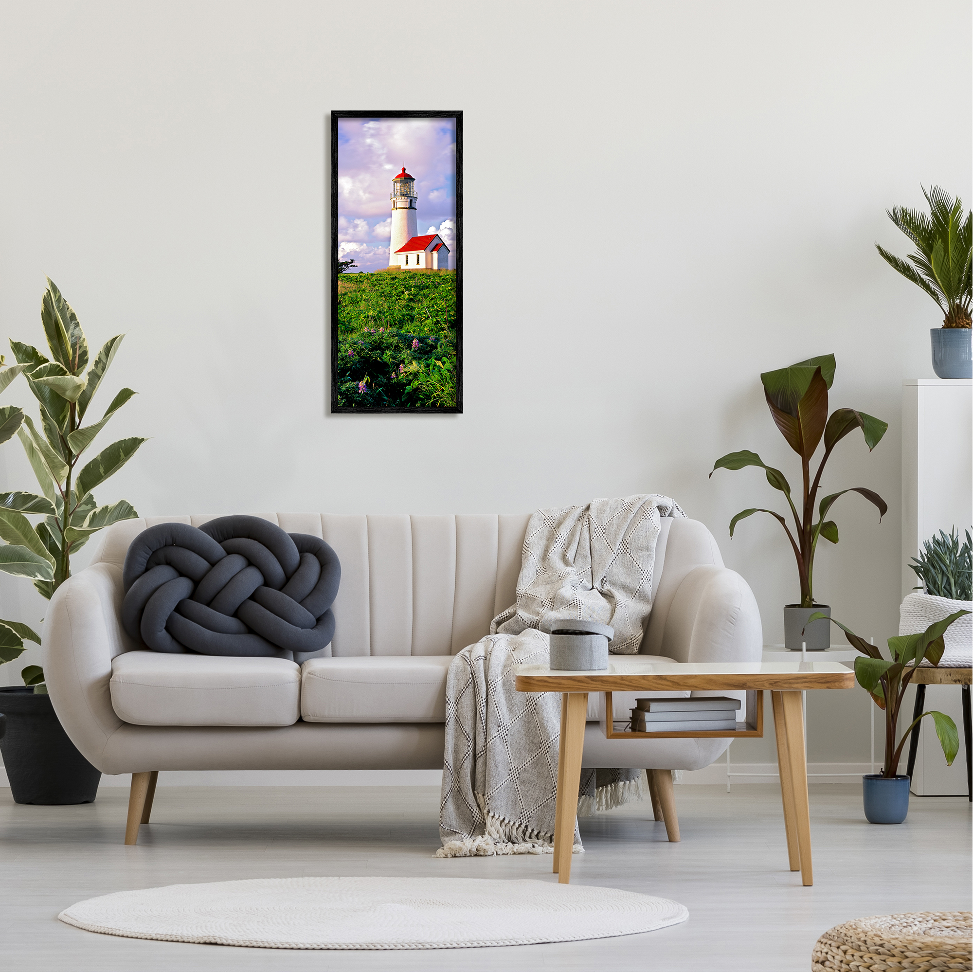 Stupell Industries Coastal Red Lighthouse Lush Garden Coastal Photography Black Framed Art Print Wall Art