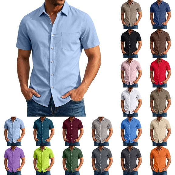 Stamzod Mens Shirts Casual Solid Short Sleeve Button Up Shirt Men Business Work Dress Shirts S-5Xl Dark Blue L