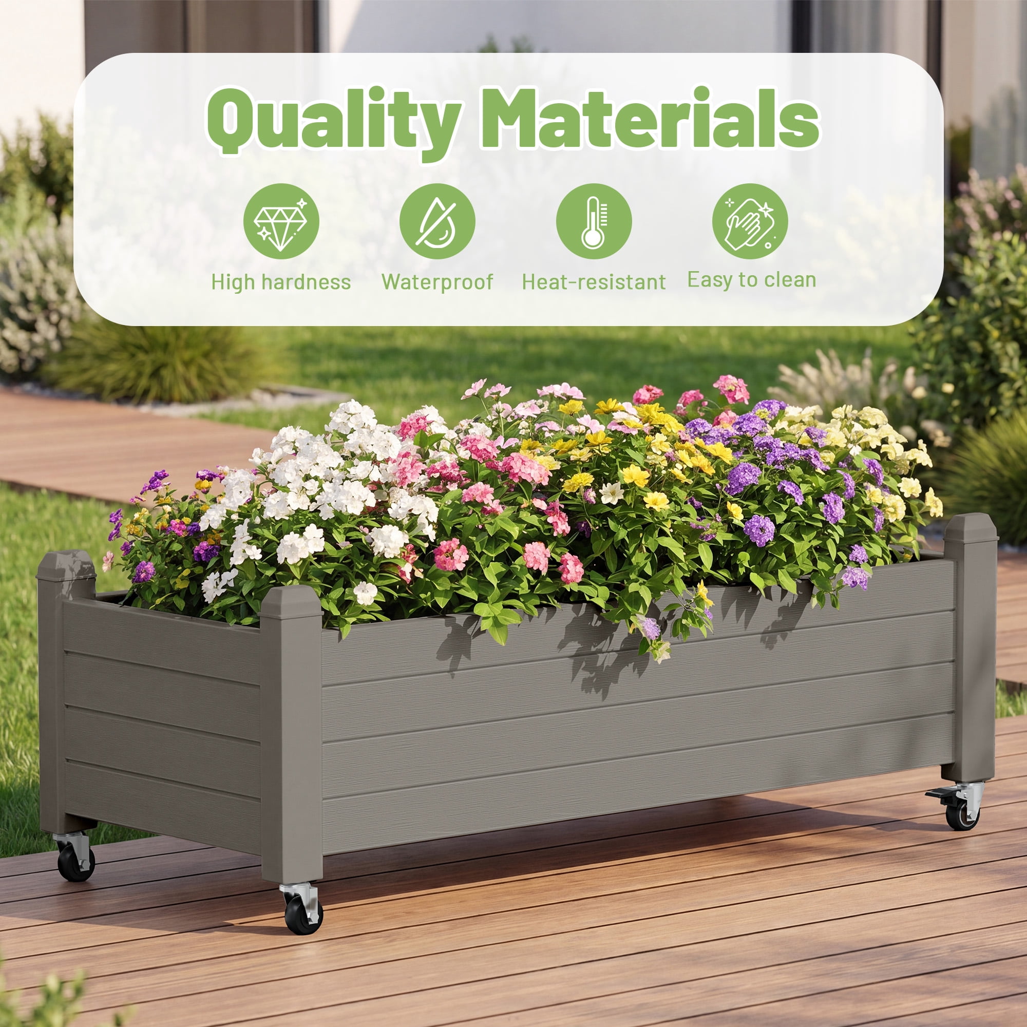 Nihsuao Mobile Raised Garden Bed with Lockable Wheels, Weather-Resistant Wood-Grain Planter Box for Patio, Balcony, Herb & Vegetable Growing, Gray