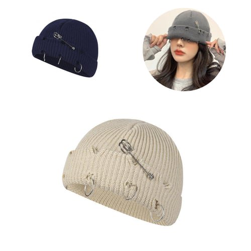 Knitted Hat Hip Hop Ripped Flanging Metal Ring Solid Color Keep Warm Woolen Yarn Autumn Winter Women Beanie Cap for Outdoor