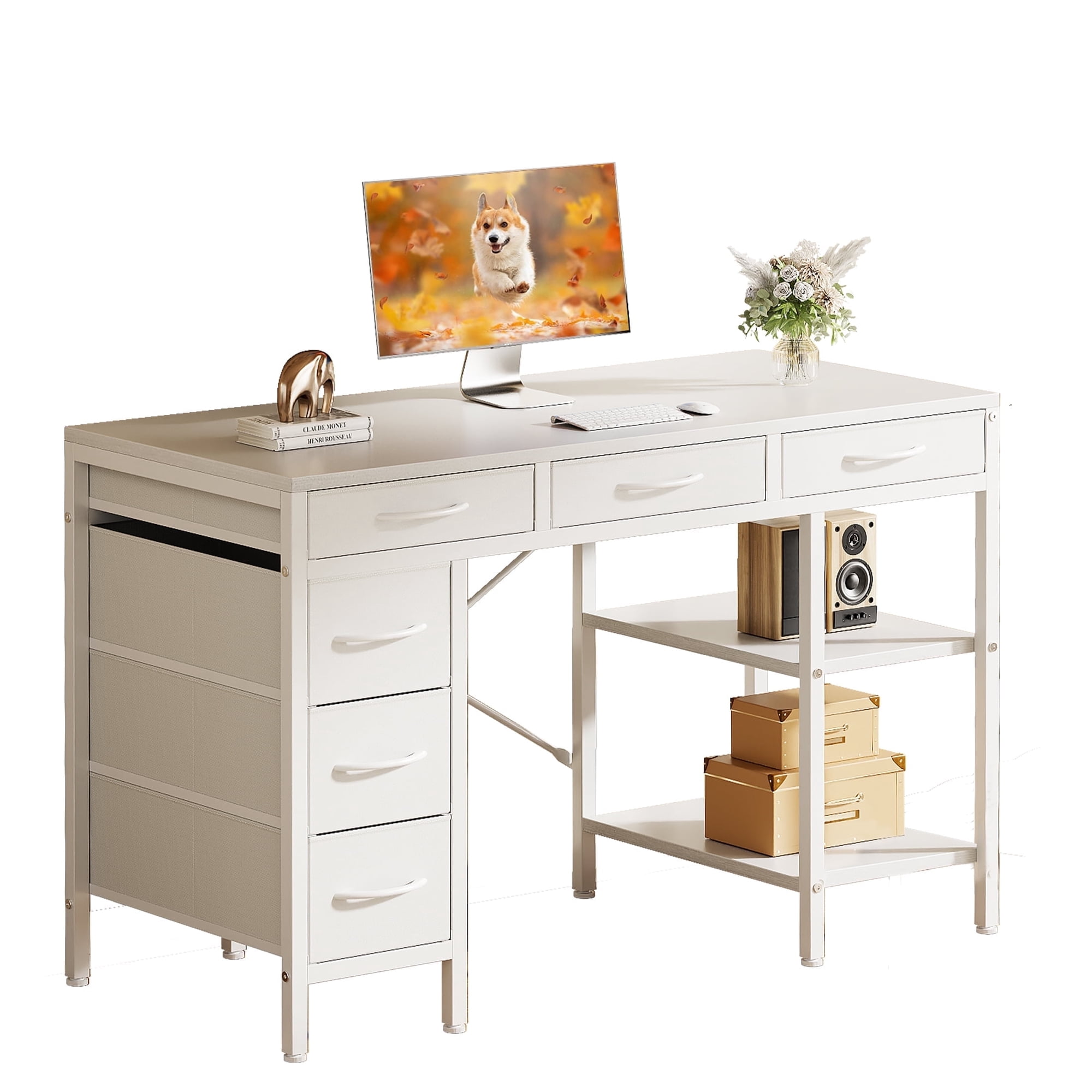 CONCETTA 47 inch Computer Desk with 6 Drawers & 2 Open Shelves, Modern Home Office Desk with Storage, Writing Study Desk for Bedroom, Workspace，White