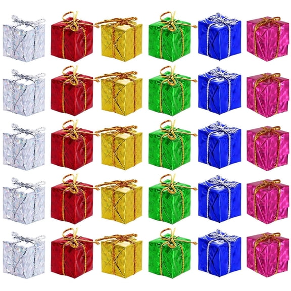 24 Pcs Christmas Tree Decorations Mini Presents for Crafts, Bexikou Christmas Tree Small Gift Boxes,Hanging Tiny Wrapped Presents for Xmas Party Decor(1.57 in,Vibrant Color)