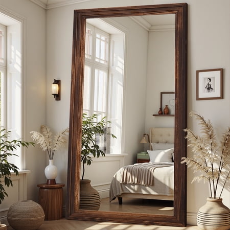 Condition photo showing New/Like New for antok 76 x34 rectangle full length mirror with stand standing floor mirror with solid wooden frame full body mirror vintage walnut