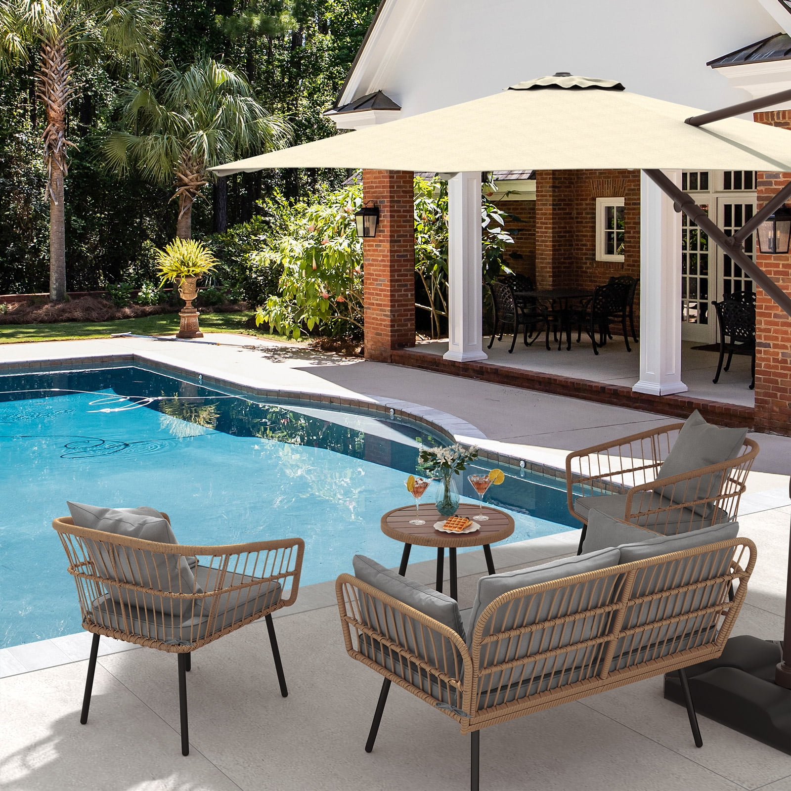 Dextrus 4pcs Outdoor Patio Bistro Set PE Rattan Wicker Furniture Conversation w/ Cushion(Grey)
