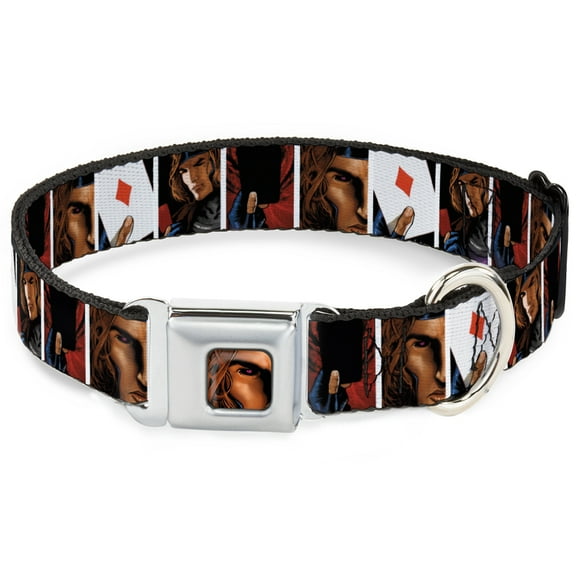 Marvel Comics Pet Collar, Dog Collar Metal Seatbelt Buckle, X Men Gambit Cards Pose Blocks, 9.5 to 13 Inches 1.0 Inch Wide