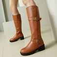 thumbnail image 2 of Rokment Platform Knee High Motorcycle Riding Boots for Women Vintage Fashion Studded Buckles Leather Chunky Mid Heel Wide Calf Long Tall Dress Combat Boots Yellow Size 7, 2 of 5