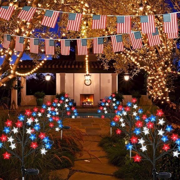 4 Pack 4th of July Solar Lights Outdoor Patriotic Garden Decorations Blue Red White Solar Lights Waterproof Lawn Decorations for Independent Day Pathway Yard Garden Landscape Outside Decor