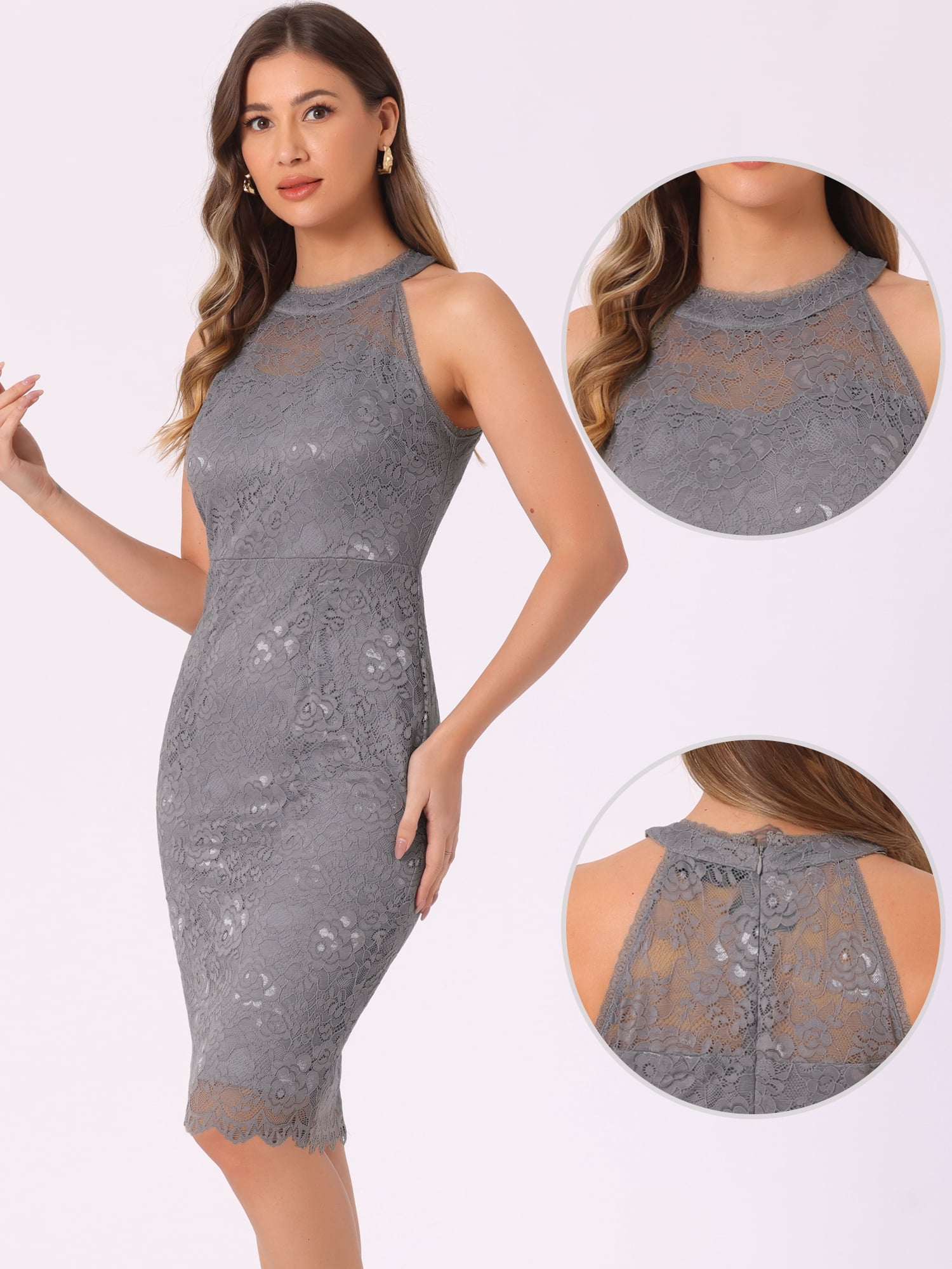 DARING DIVA Lace Halter Neck Sleeveless Bodycon Cocktail Sheath Dress L Grey