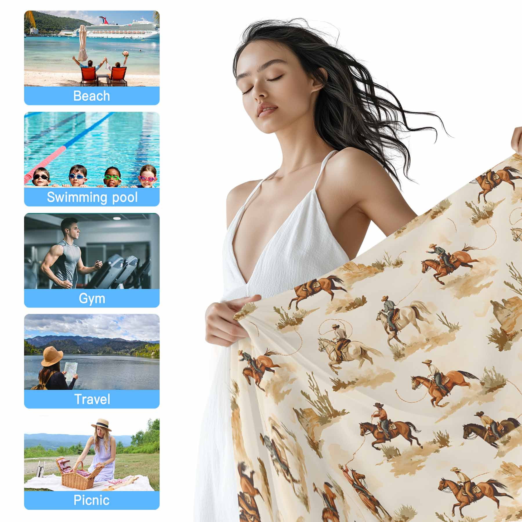 Farmhouse Western Beach Towels Blanket Soft&Absorbent Quick Dry Microfiber Cowboy Desert Horse Print Pool Towels for Swimming ,Yoga, Sports, Gym, Camping,Large 35X70in, Brown Beige