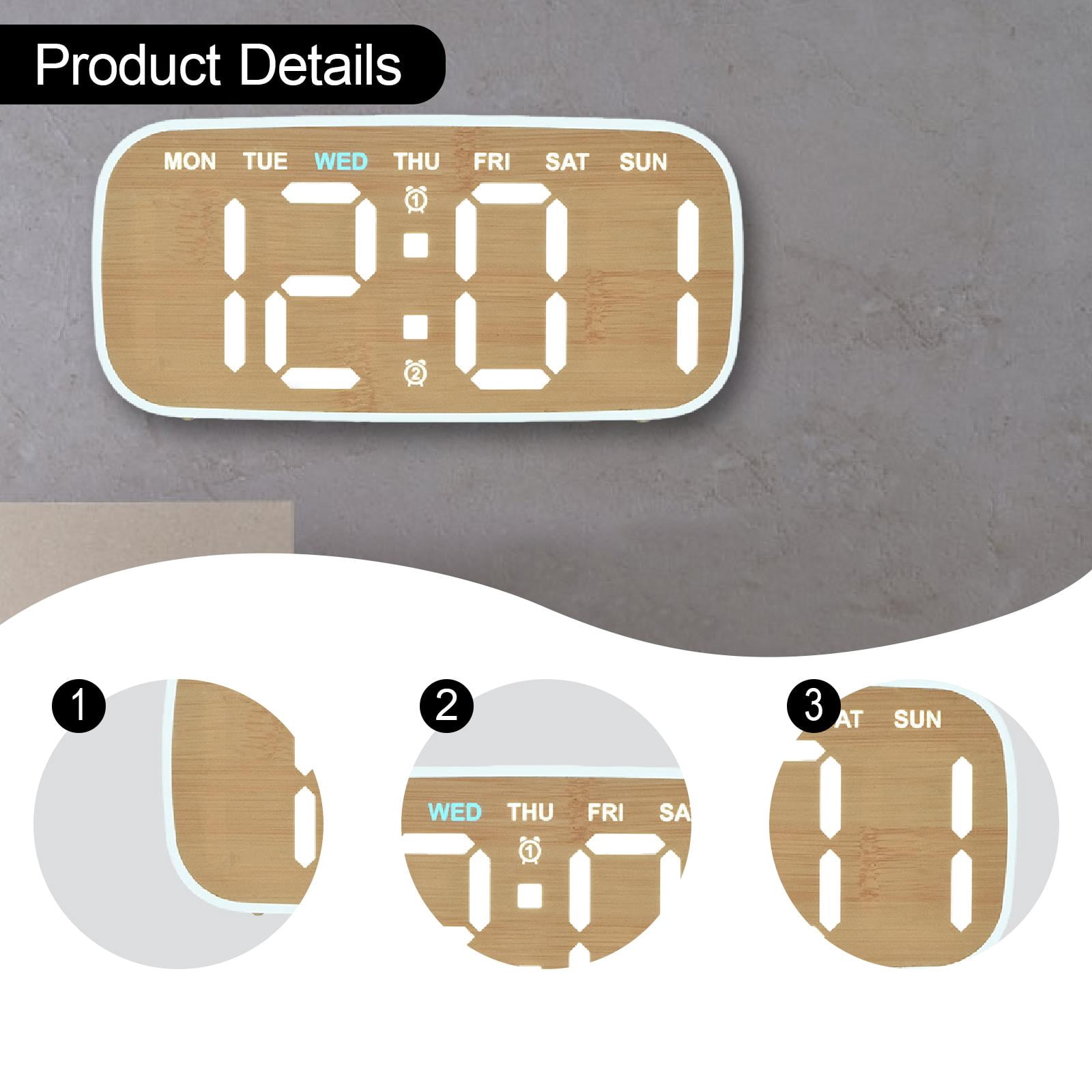 Dualoai Digital Alarm Clock Easy to Use Home Decor Two Alarm Settings Calendar Clock Wood color