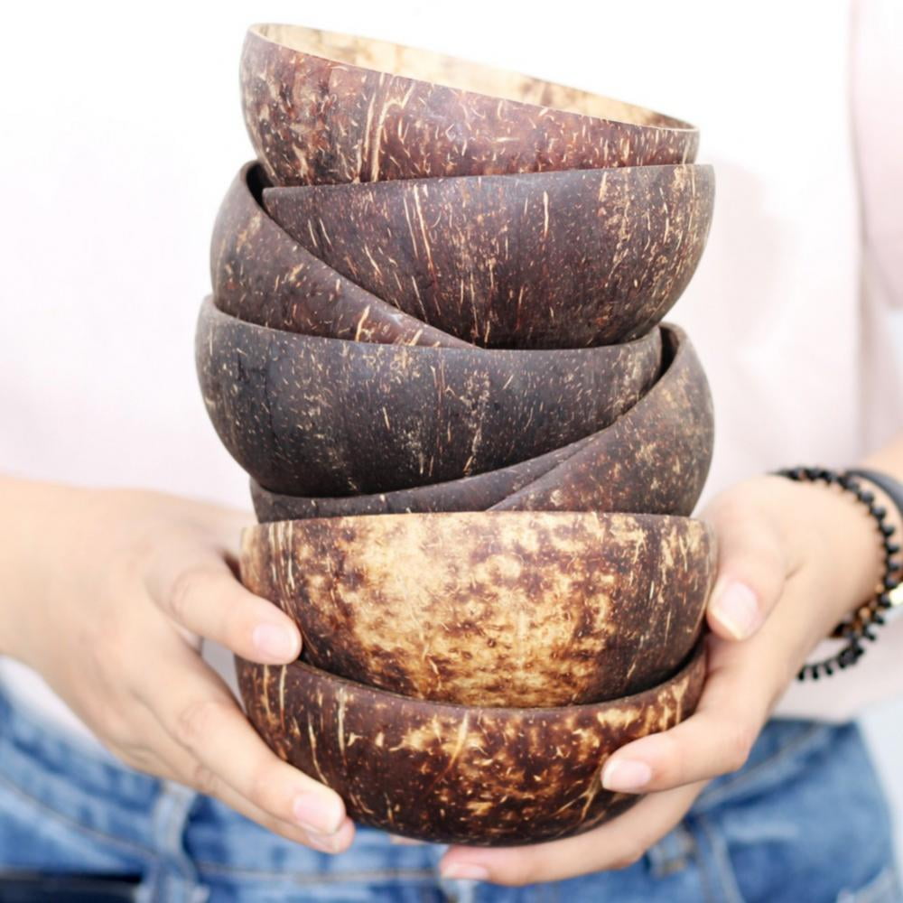 Coconut Bowls with Spoons, Wooden Salad Bowl , 100% Natural Reusable Coconut Shell Bowls for Buddha Popcorn, Serving Dishes, Breakfast, Decoration, Party