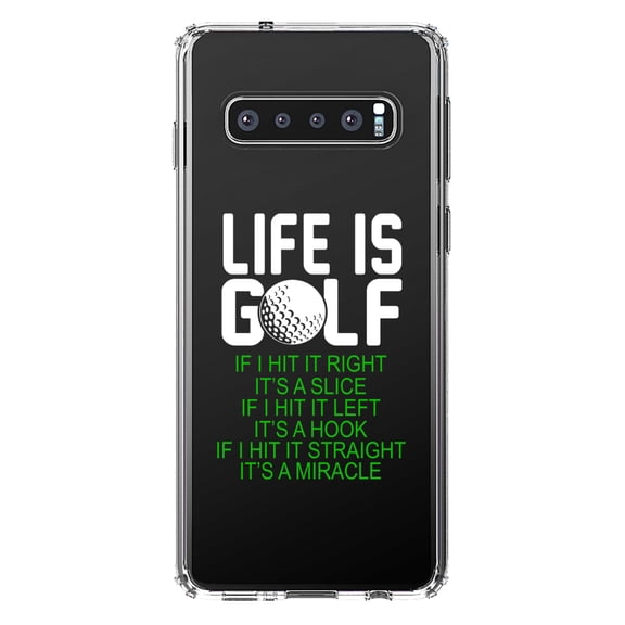 DistinctInk Clear Shockproof Hybrid Case for Samsung Galaxy S10 (6.1" Screen) - TPU Bumper Acrylic Back Tempered Glass Screen Protector - Life is Golf Slice Hook Straight Miracle