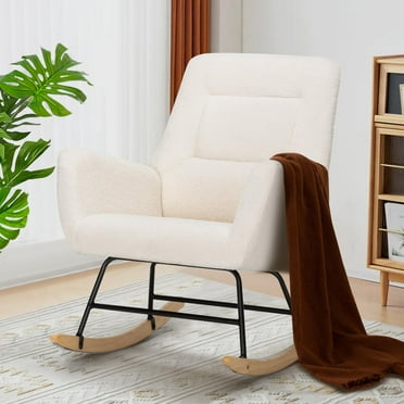 Bonrcea Teddy Velvet Rocking Chair with High Backrest and Armrests, Beige