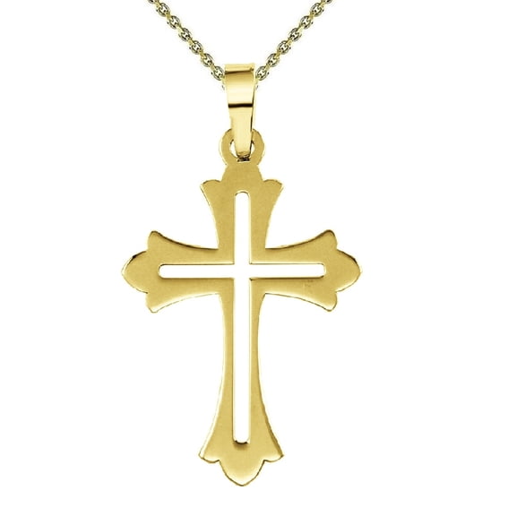 925 Sterling Silver Yellow Gold Plated 1mm Cable Chain Necklace w/ High Polished Cut-out Cross Pendant Charm