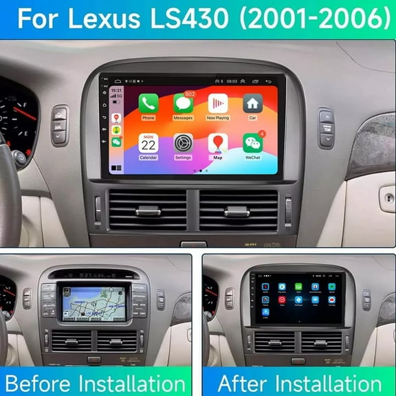 HUOEPU Android Car Radio for Lexus LS430 2001-2006 ,Wireless Carplay & Android Auto, 9 inch Touchscreen Radio with 32 EQ DSP, WiFi, GPS, Split Screen   AHD Rear View Camera,2 32G