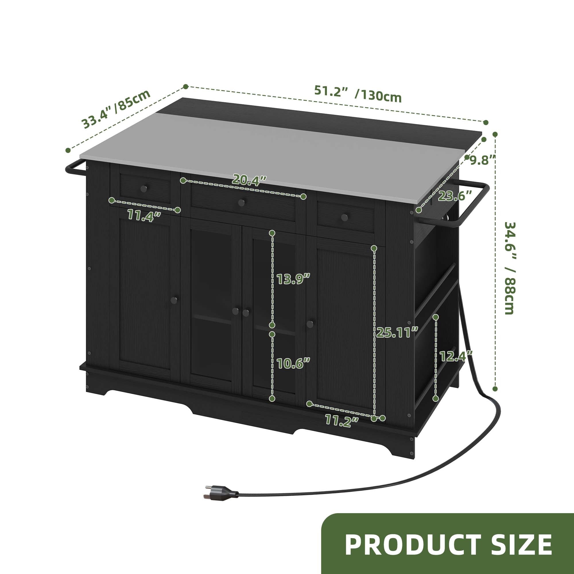Uforic Kitchen Island with Storage & Drop Leaf, Kitchen Island Cart with Power Outlets, Black