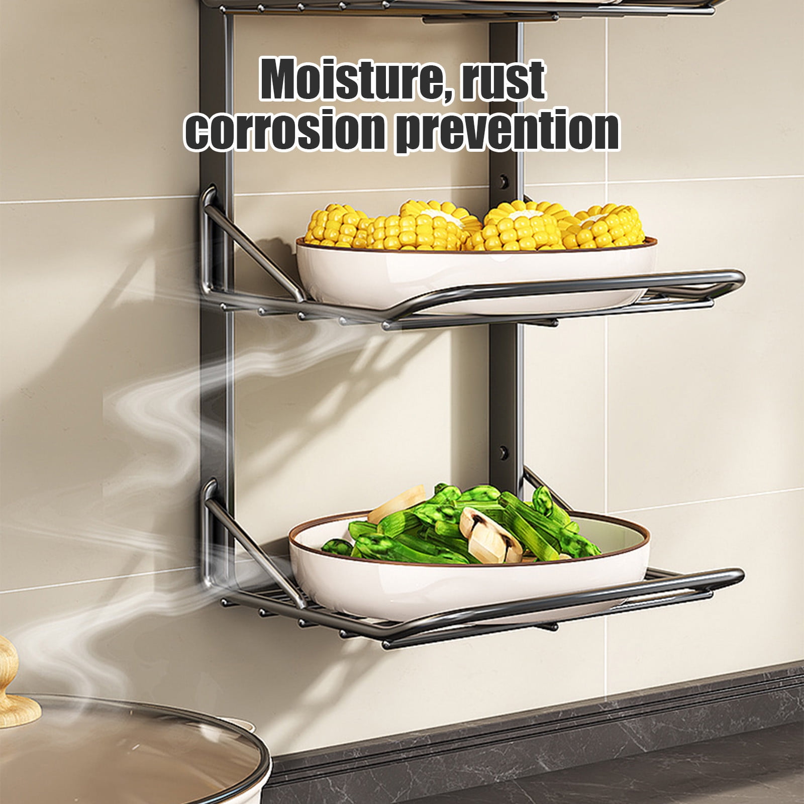 Multi-Layer Kitchen Suction Cup Storage Rack, Wall Mounted Stainless Steel Shelves for Vegetable Utensils, No Holes Required, Home Storage Organizer for Kitchen and Bathroom