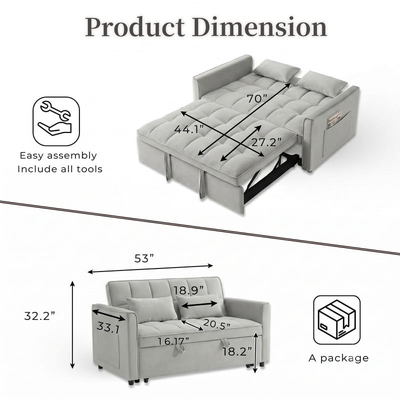 Gewnee 53" Sofa Bed, Convertible Sleeper Sofa & Pull Out Couch, 3-in-1 Velvet Loveseat with Adjustable Backrest and Storage Pocket, light gray