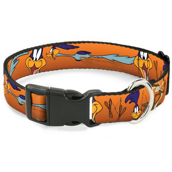 Looney Tunes Pet Collar, Dog Collar Plastic Buckle, Road Runner Wile E Coyote Scene1 Brown Fade, 9.5 to 13 Inches 1.0 Inch Wide