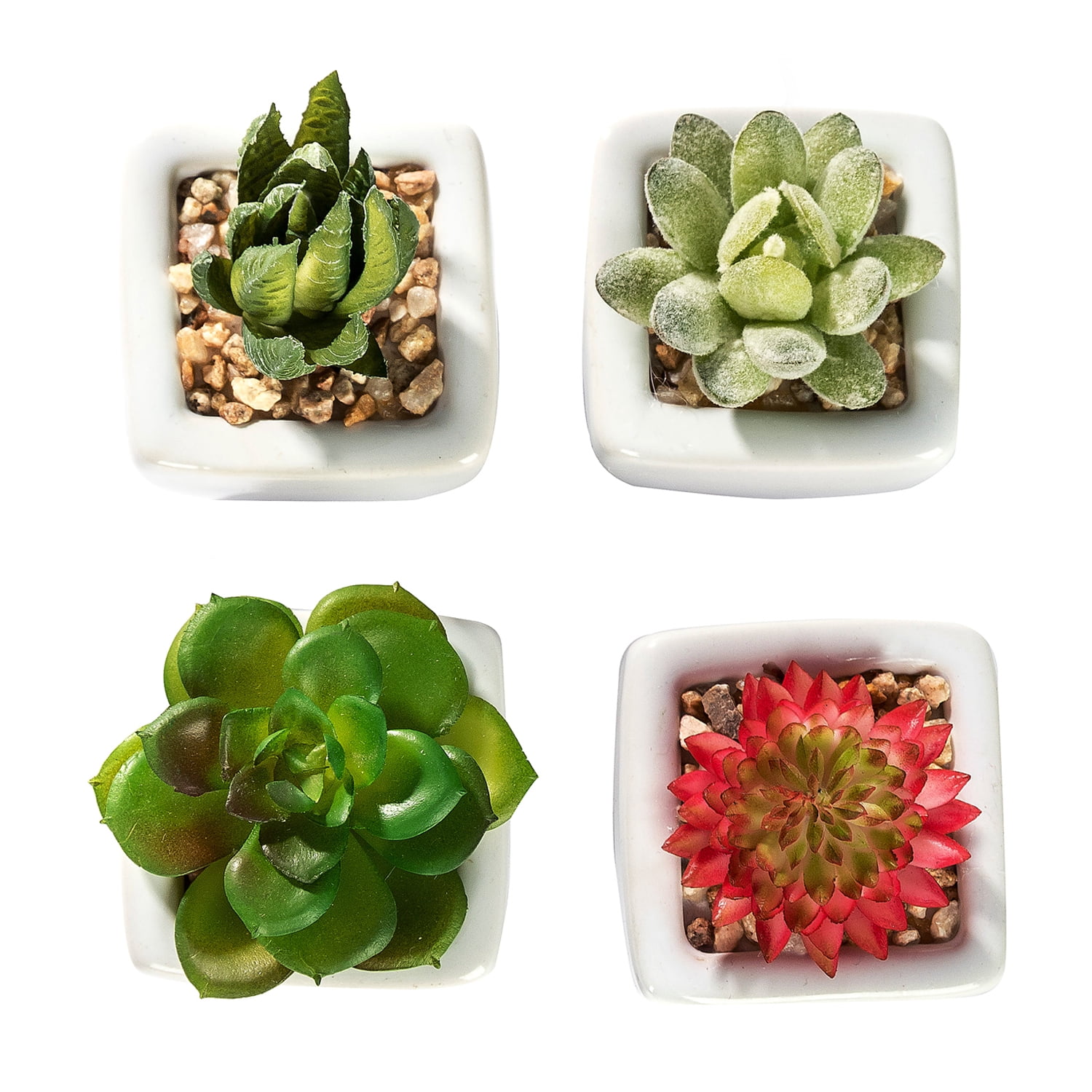 K-Cliffs Set of 4 Mini Faux Succulents in White Squared Ceramic Pots,  4,  2 L x 2 W x 2 H inches, 2lbs