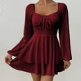 thumbnail image 6 of YueHuiYing Women's Square Neck Long Sleeve Mini Dress Ruched Corset Waist Tiered Ruffle Hem Short Party Dresses, 6 of 7