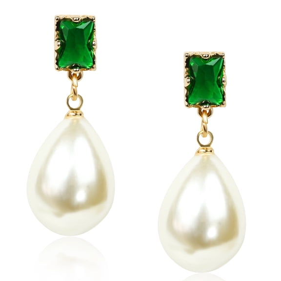 18K Gold Plated Pearl Drop Earrings Dangle Handmade Earrings with Emerald Green Earrings Pearl Dangle Earrings Vintage Pearl Earrings Emerald Earrings for Women Trendy