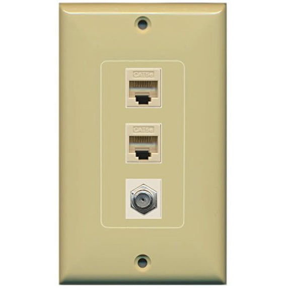 RiteAV - 1 Port Coax Cable TV- F-Type 2 Port Cat5e Ethernet Decorative Wall Plate - Ivory