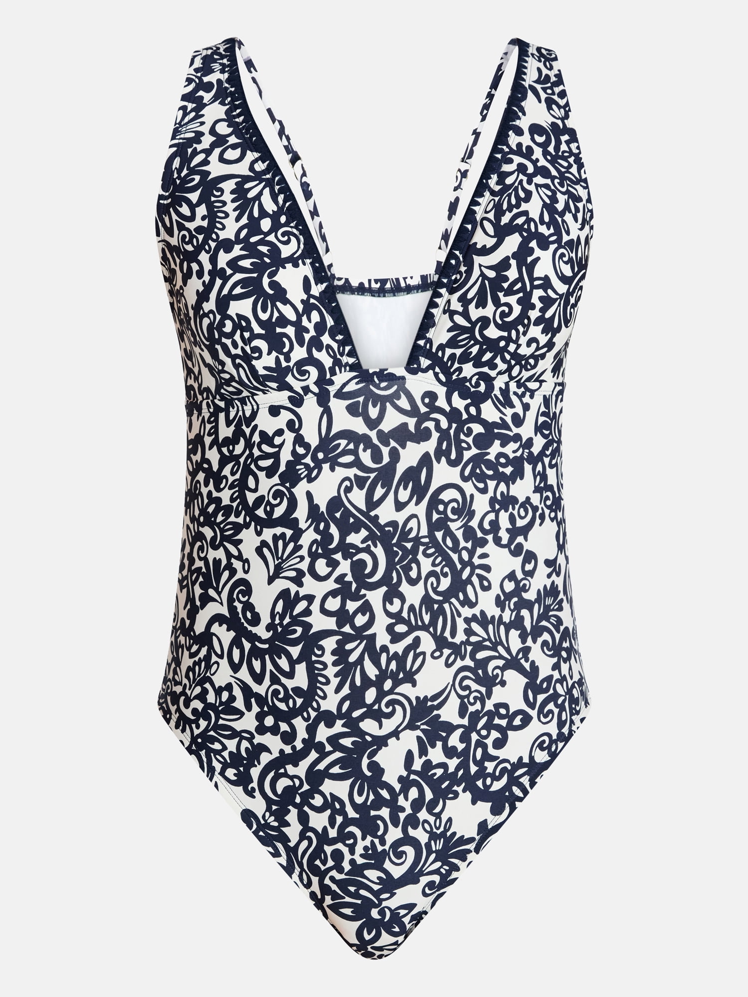 Time and Tru Women's and Women's Plus Shell Stitch Plunge One-Piece Swimsuit, Sizes XS-3X